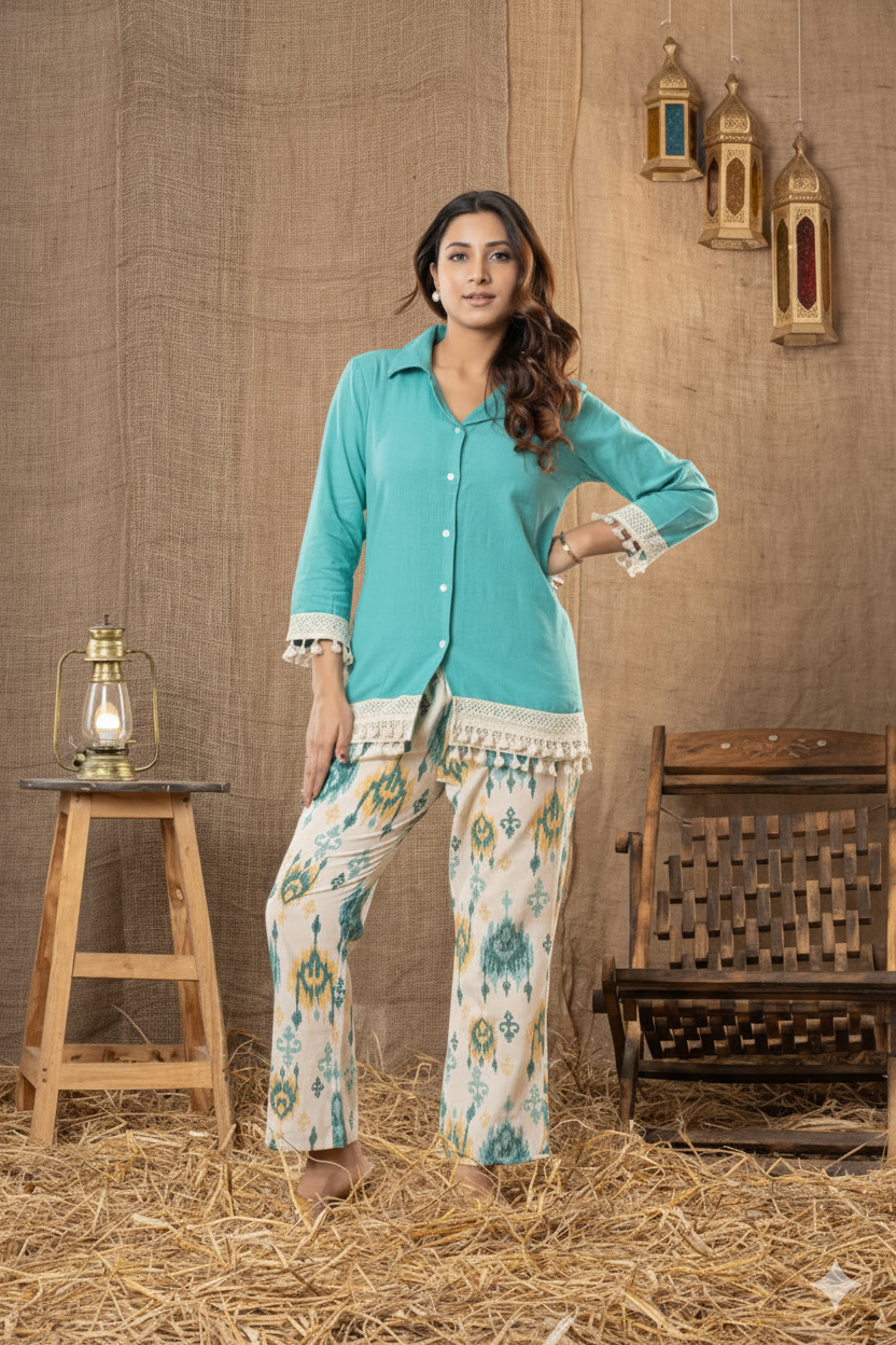 Teal Button-Down with Printed Straight Pants Co-ord Set