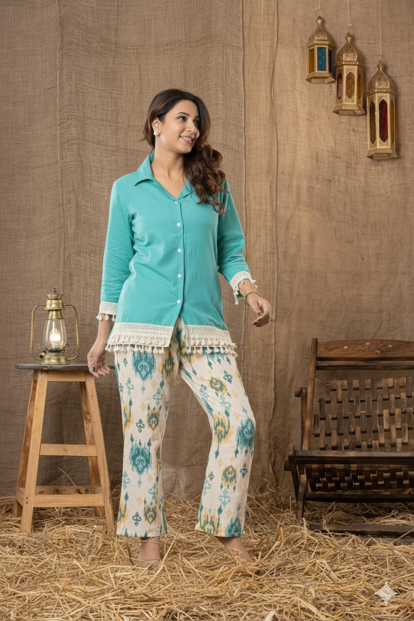 Teal Button-Down with Printed Straight Pants Co-ord Set