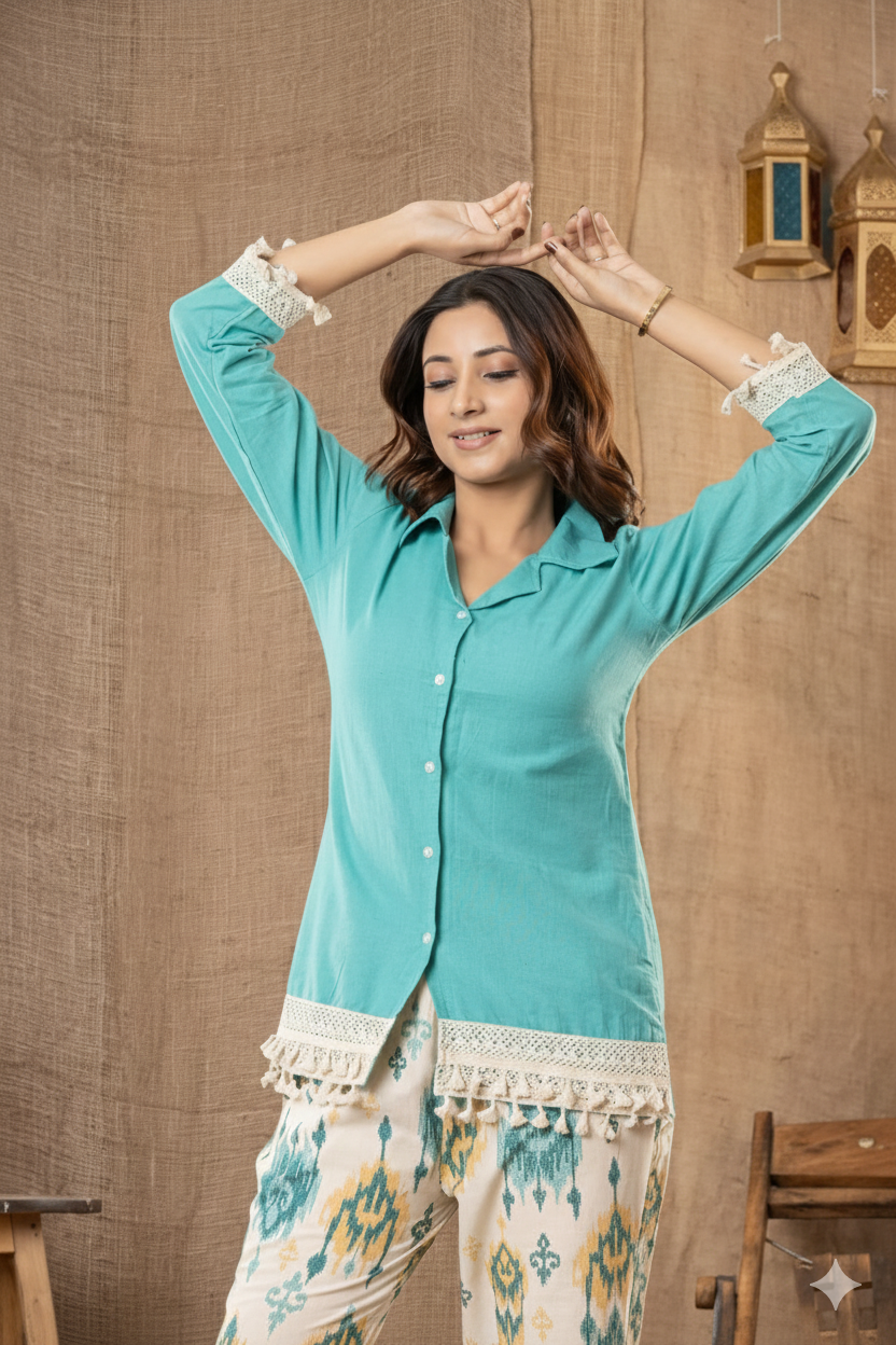 Teal Button-Down with Printed Straight Pants Co-ord Set