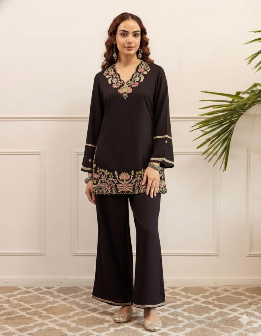Black Embroidered with Straight Palazzo Pants Co-ord Set