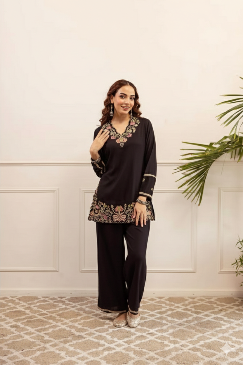 Black Embroidered with Straight Palazzo Pants Co-ord Set