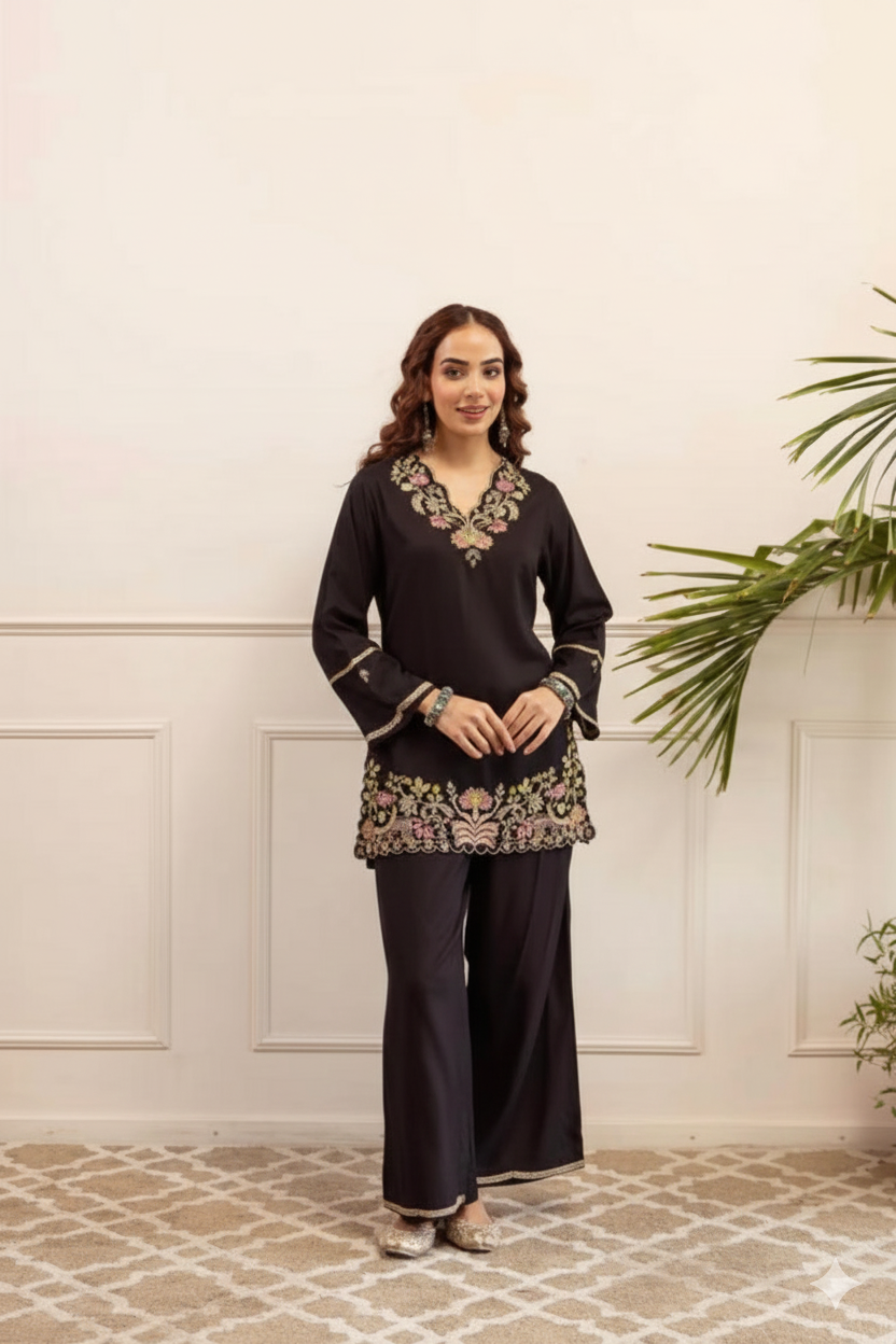 Black Embroidered with Straight Palazzo Pants Co-ord Set