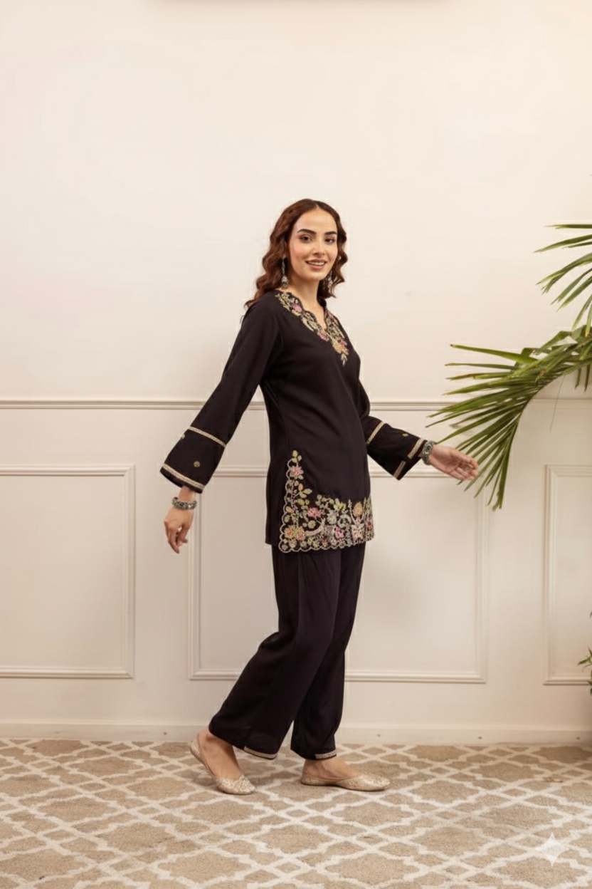 Black Embroidered with Straight Palazzo Pants Co-ord Set
