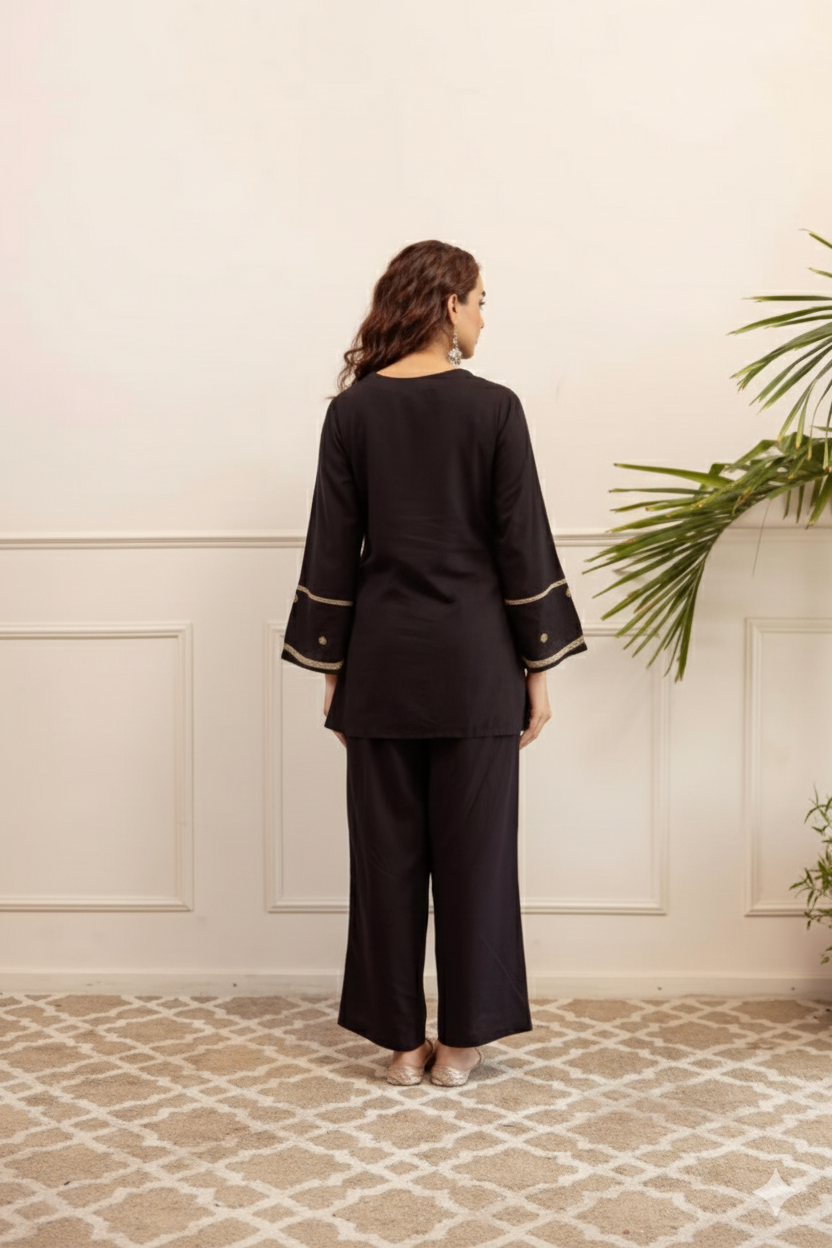 Black Embroidered with Straight Palazzo Pants Co-ord Set