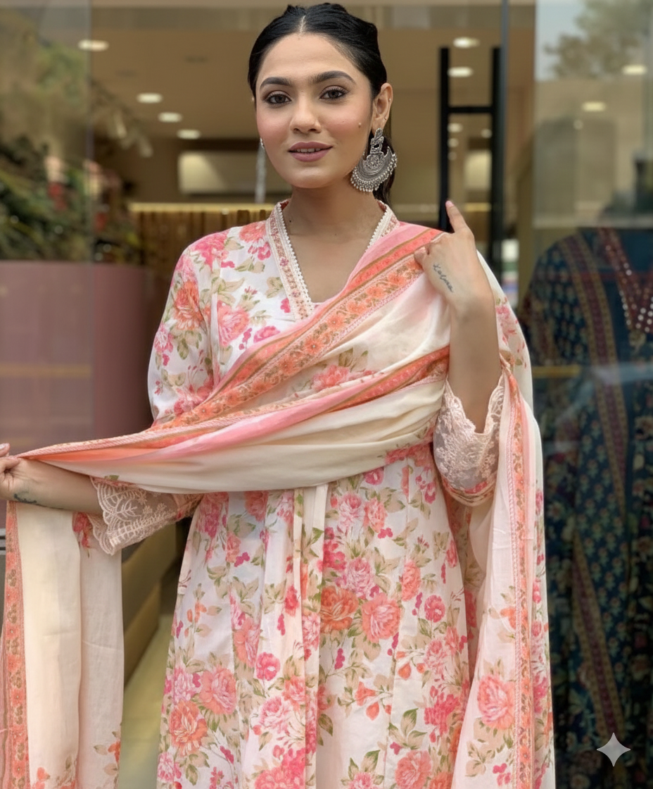 Ivory Floral Printed 3 Piece Kurti with Lace Detailing