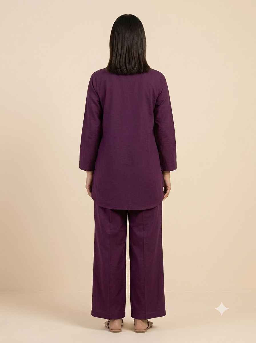 Purple Embroidered Giza Cotton Co-ord Set - Above Knee Shirt Top
