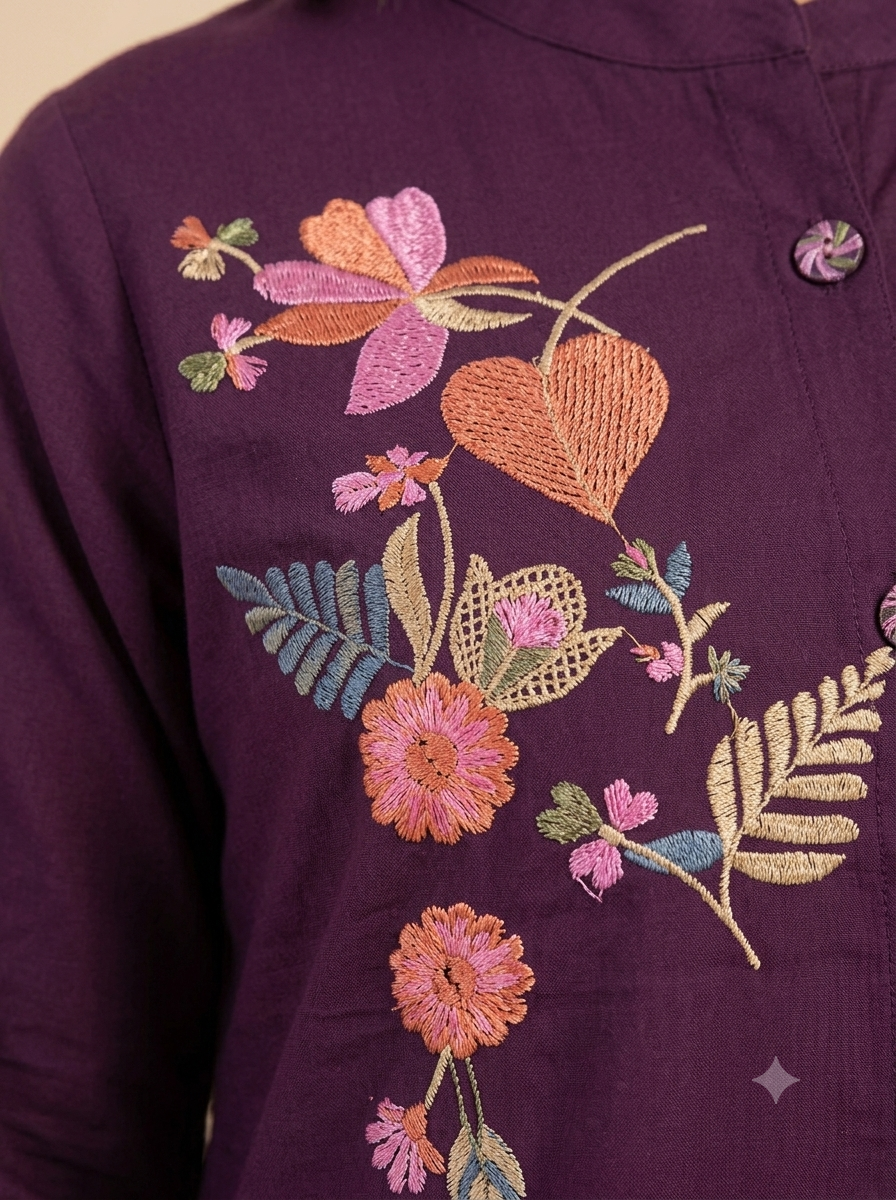 Purple Embroidered Giza Cotton Co-ord Set - Above Knee Shirt Top