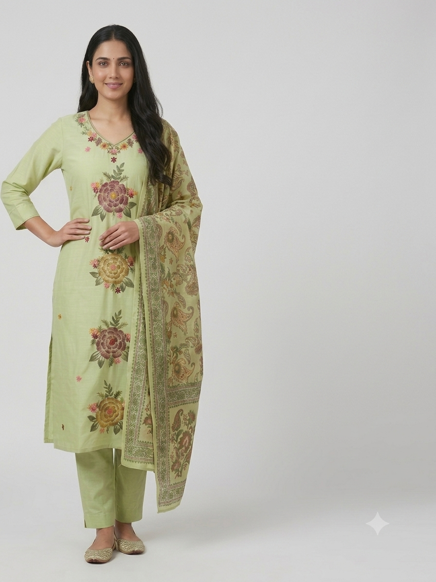 Green mul chanderi hand brush painted 3 piece suit set with floral artwork, Katha work and printed dupatta