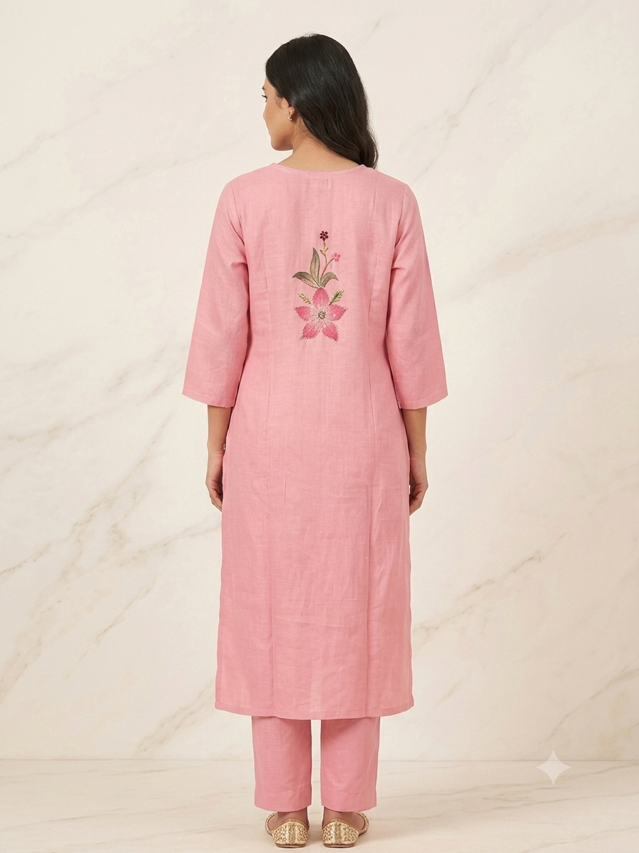 Pink Mul Chanderi Hand Brush Painted 3 Piece Suit Set with Katha Work