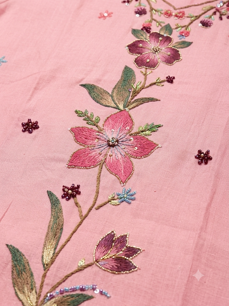 Pink Mul Chanderi Hand Brush Painted 3 Piece Suit Set with Katha Work