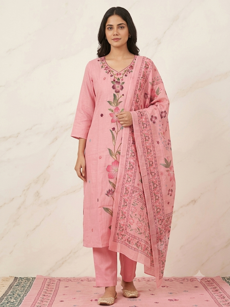 Pink Mul Chanderi Hand Brush Painted 3 Piece Suit Set with Katha Work