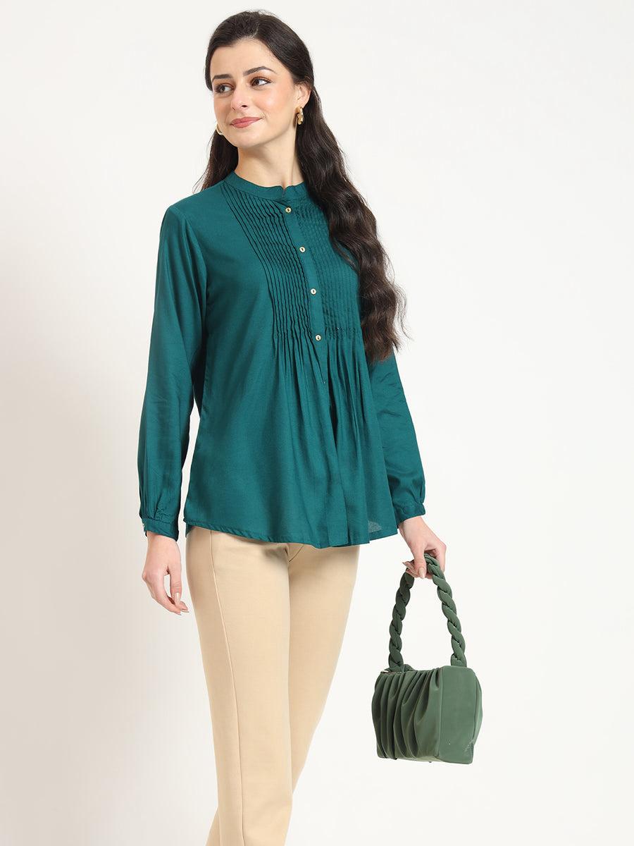 Solid Pintuck Rayon Short Kurti – Button-Down Front & Full Sleeves