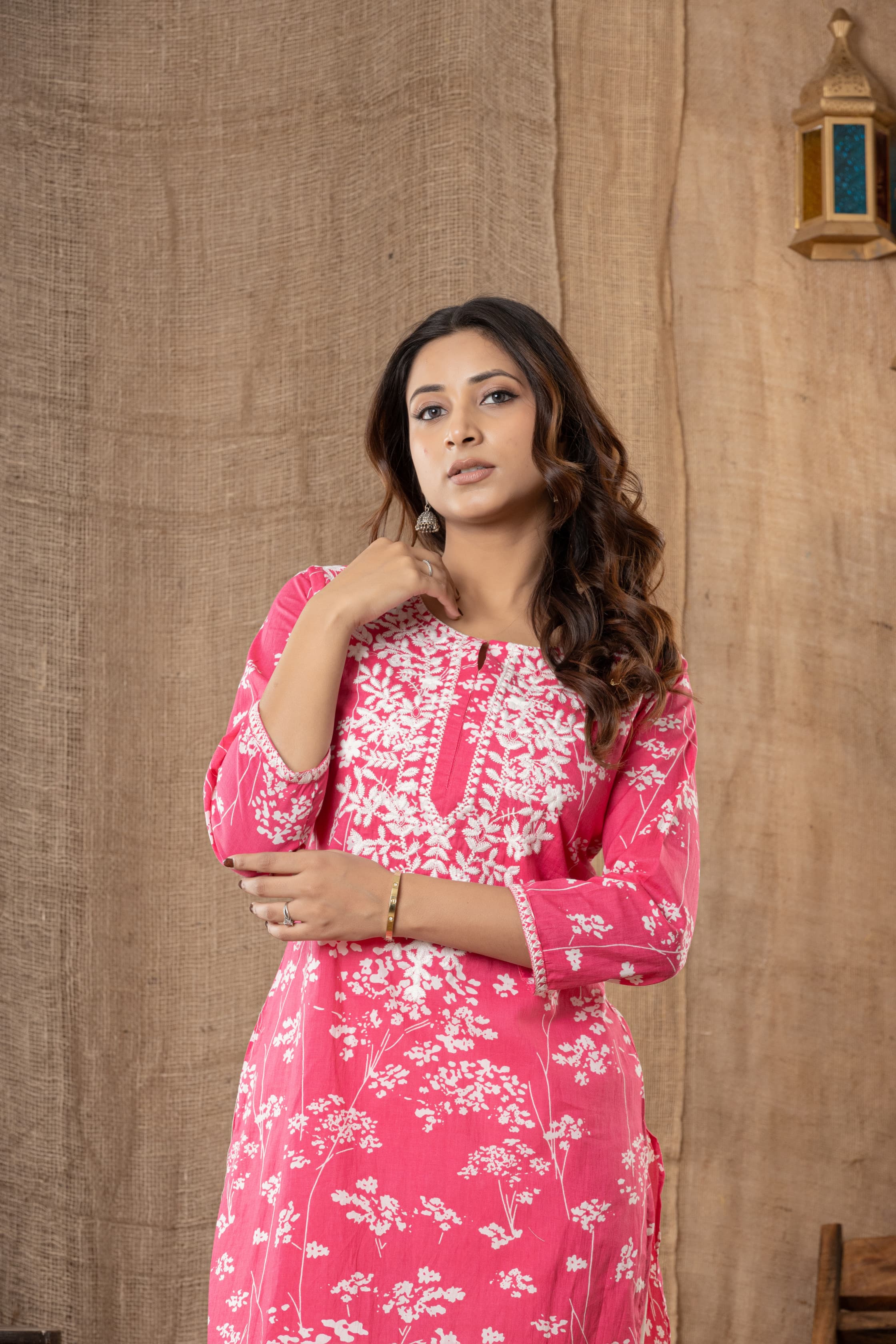 Pink Floral Printed Kurta Set with White Lace-Detail Pants