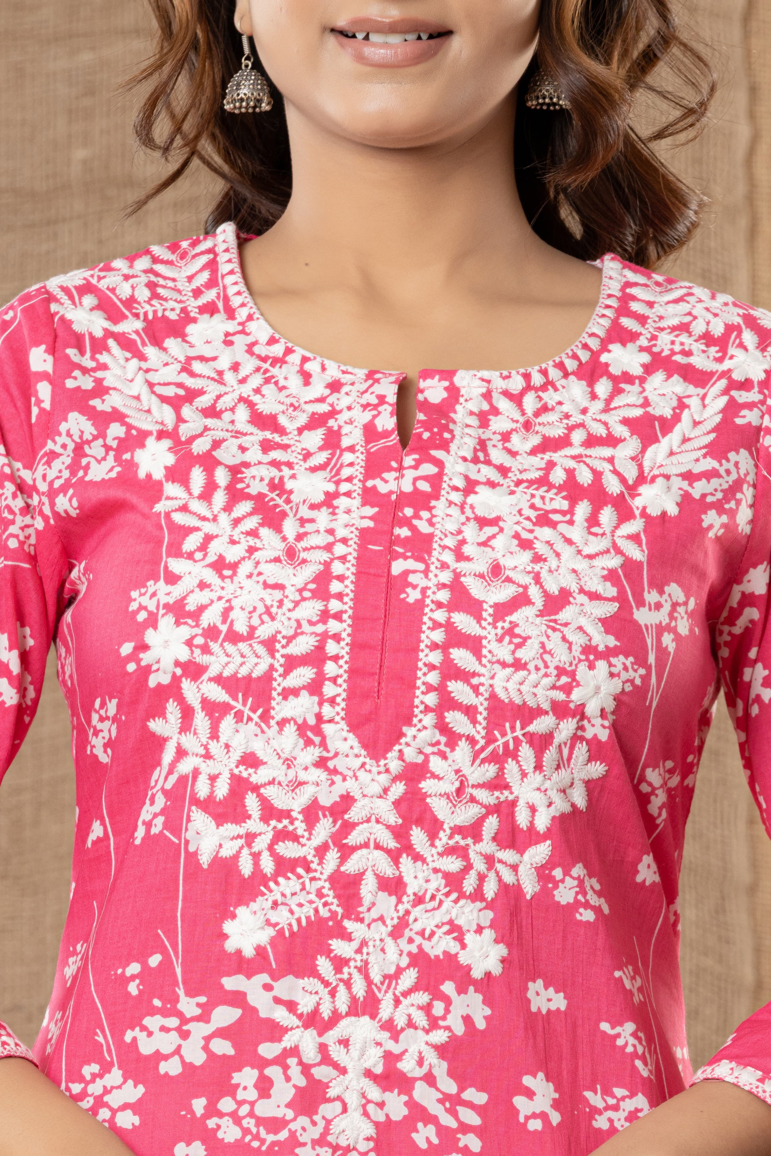 Pink Floral Printed Kurta Set with White Lace-Detail Pants