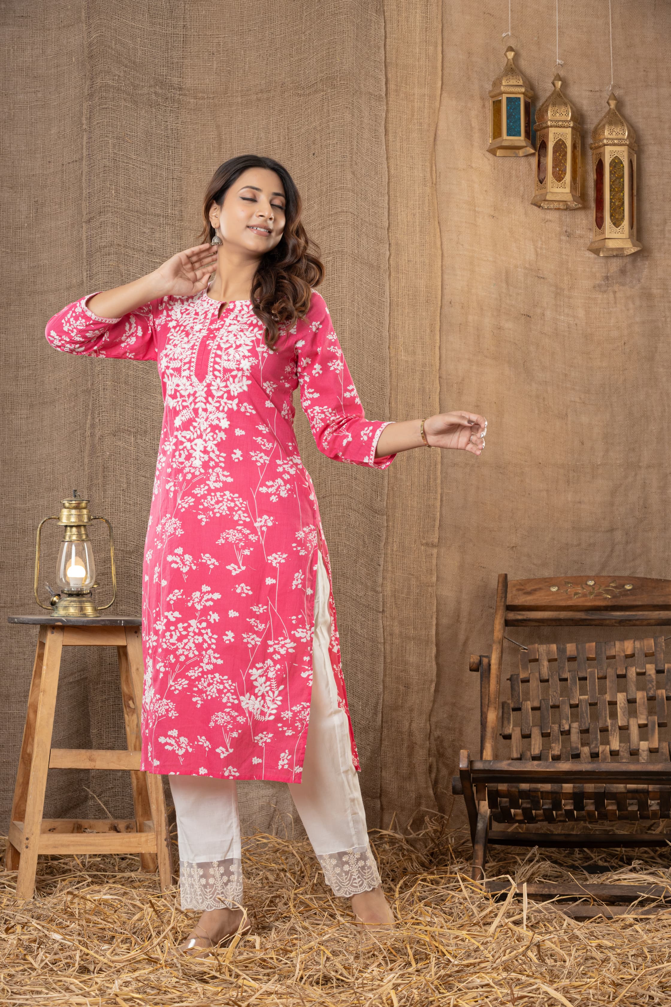 Pink Floral Printed Kurta Set with White Lace-Detail Pants