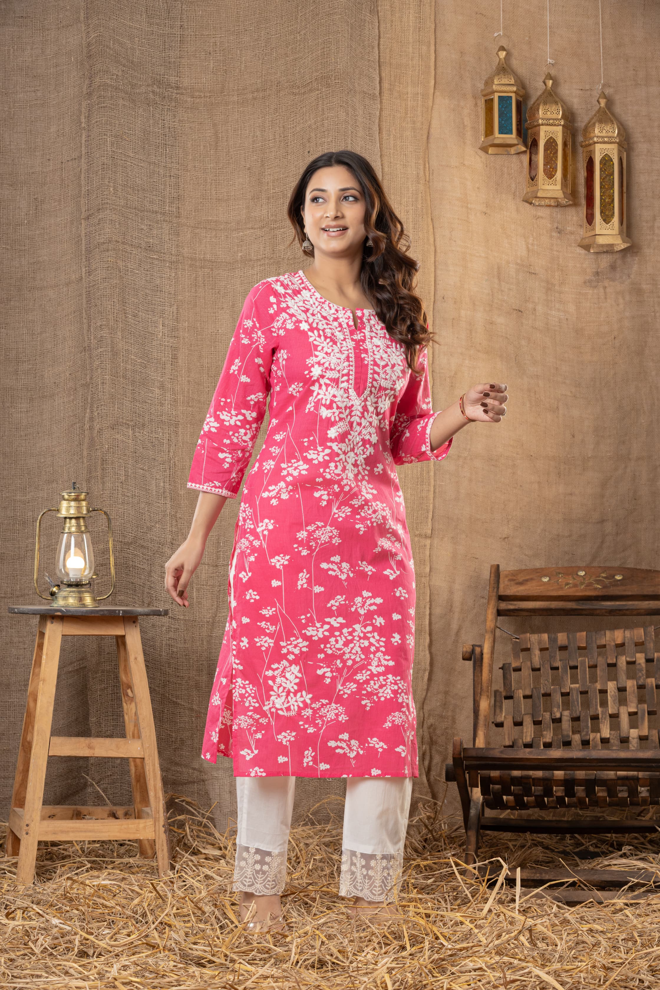 Pink Floral Printed Kurta Set with White Lace-Detail Pants