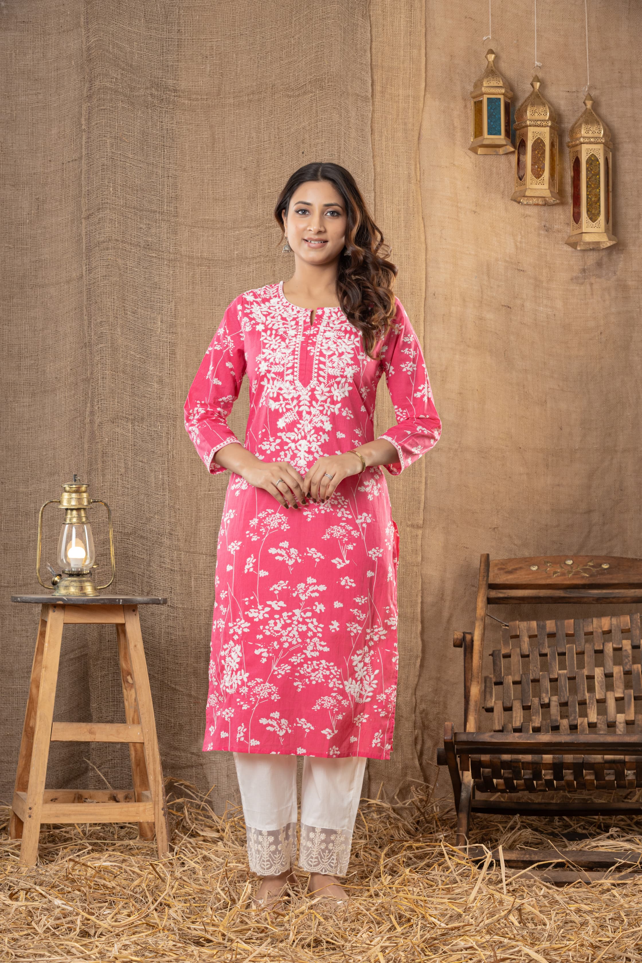 Pink Floral Printed Kurta Set with White Lace-Detail Pants