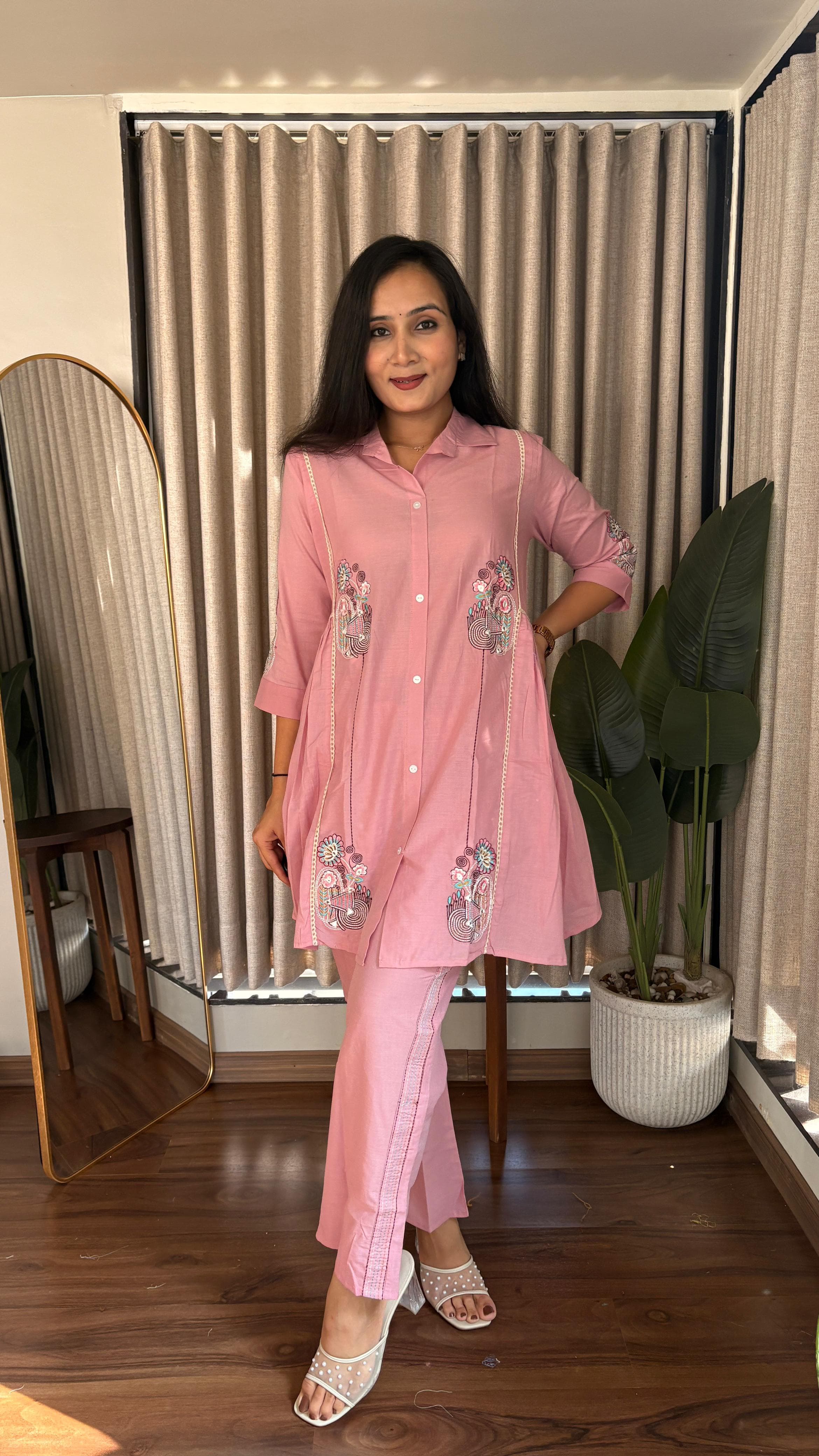 Dusty Pink Embroidered Shirt with Straight Pants Co-ord Set