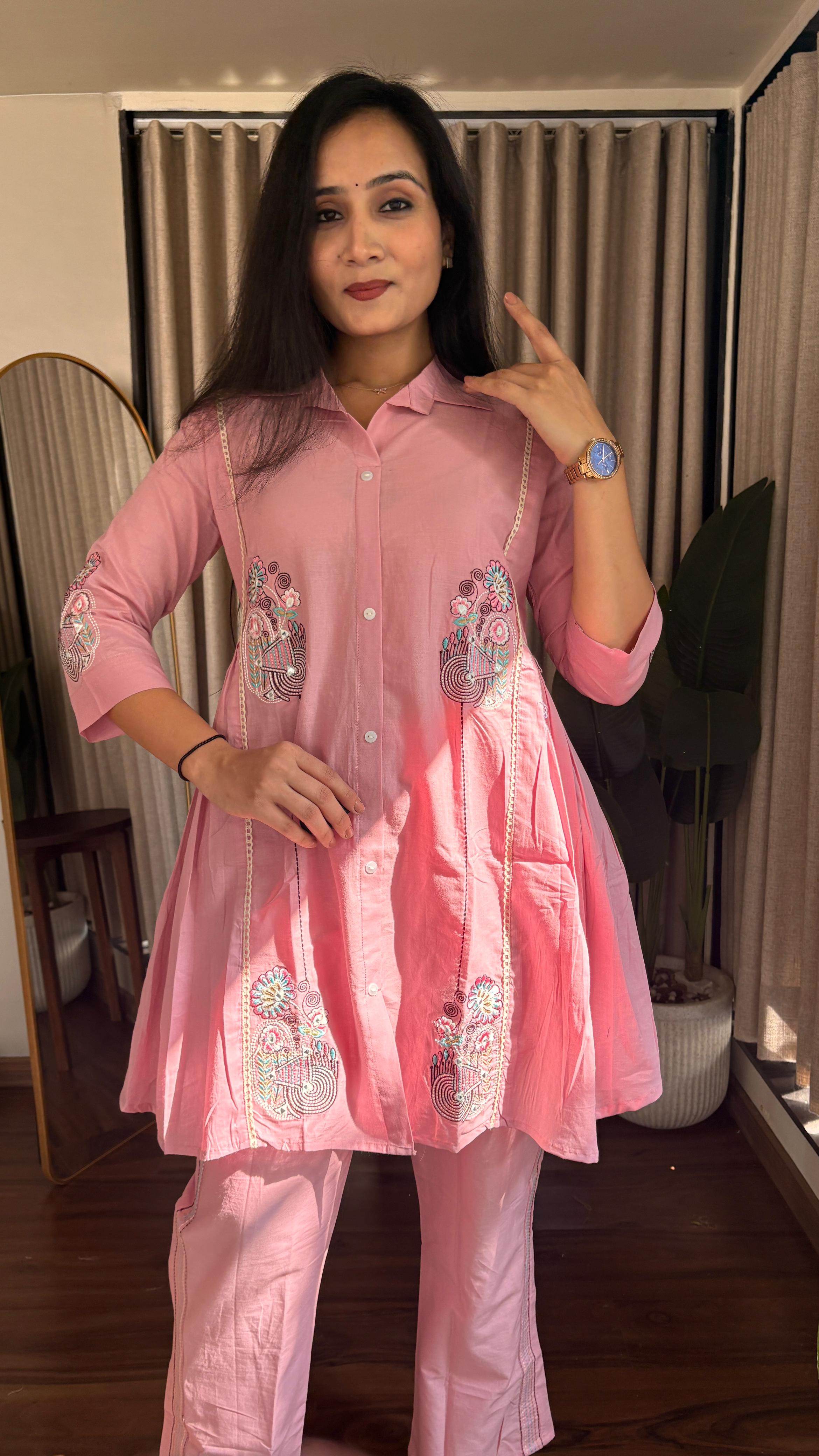 Dusty Pink Embroidered Shirt with Straight Pants Co-ord Set