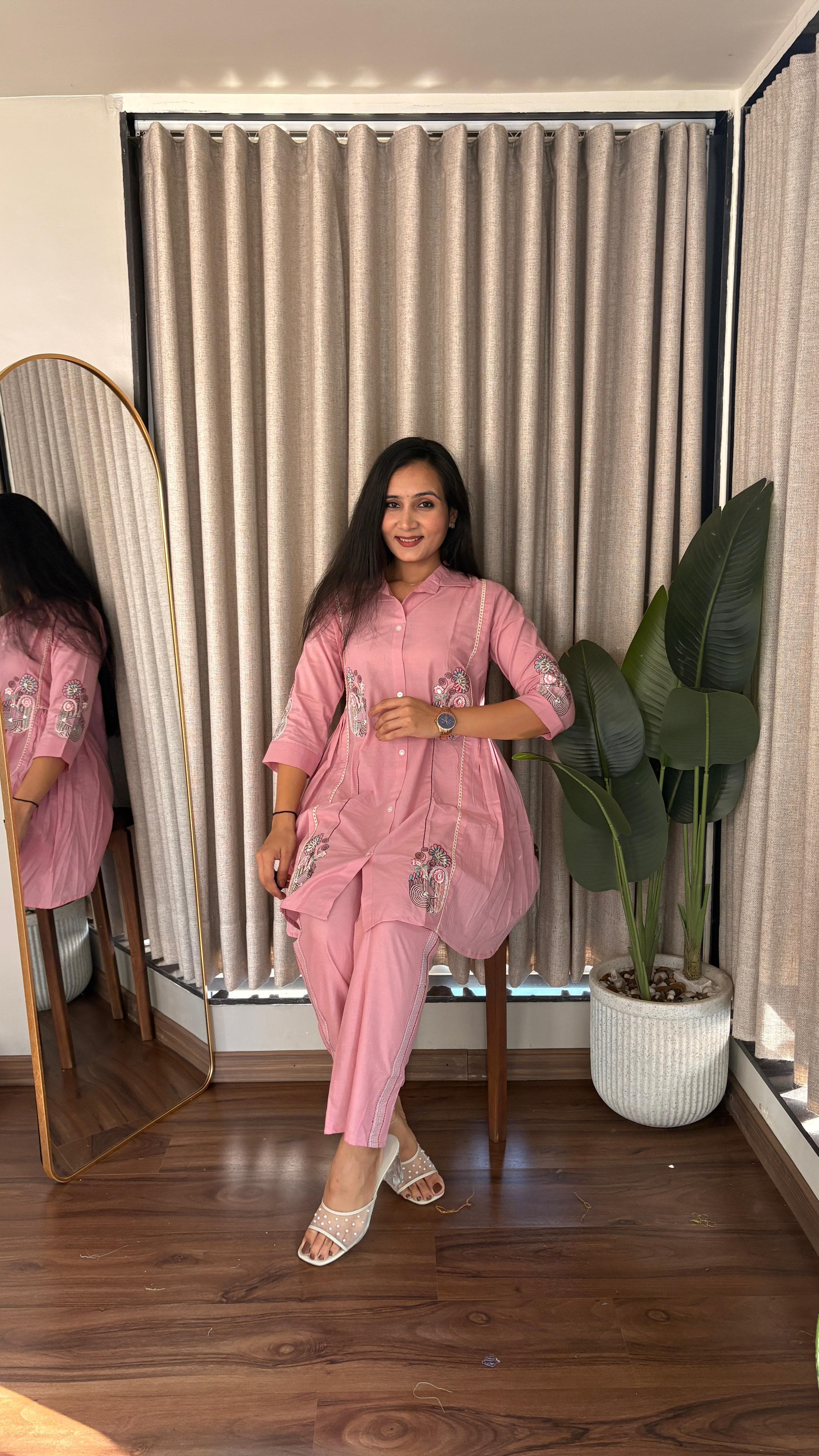 Dusty Pink Embroidered Shirt with Straight Pants Co-ord Set