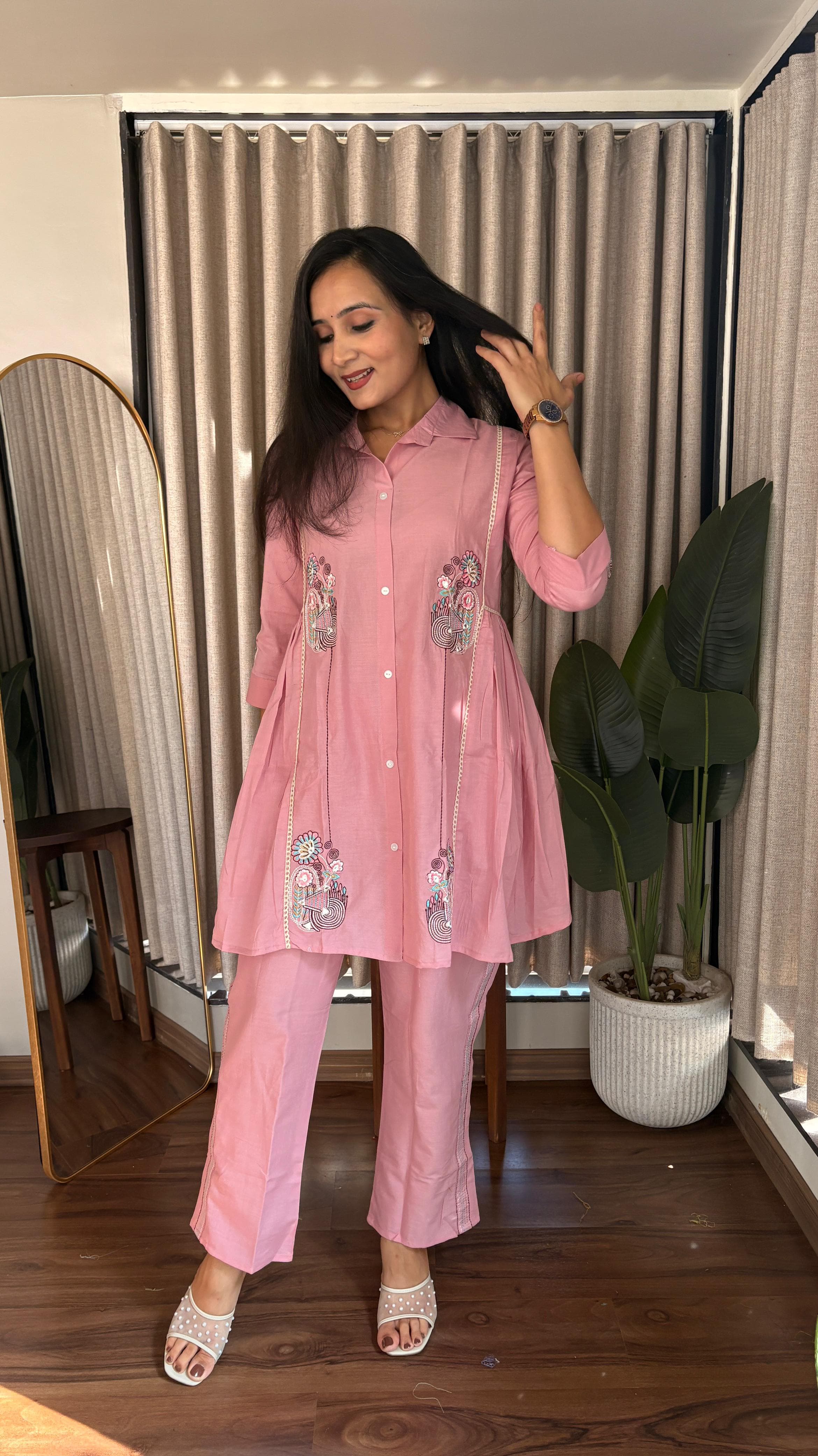 Dusty Pink Embroidered Shirt with Straight Pants Co-ord Set