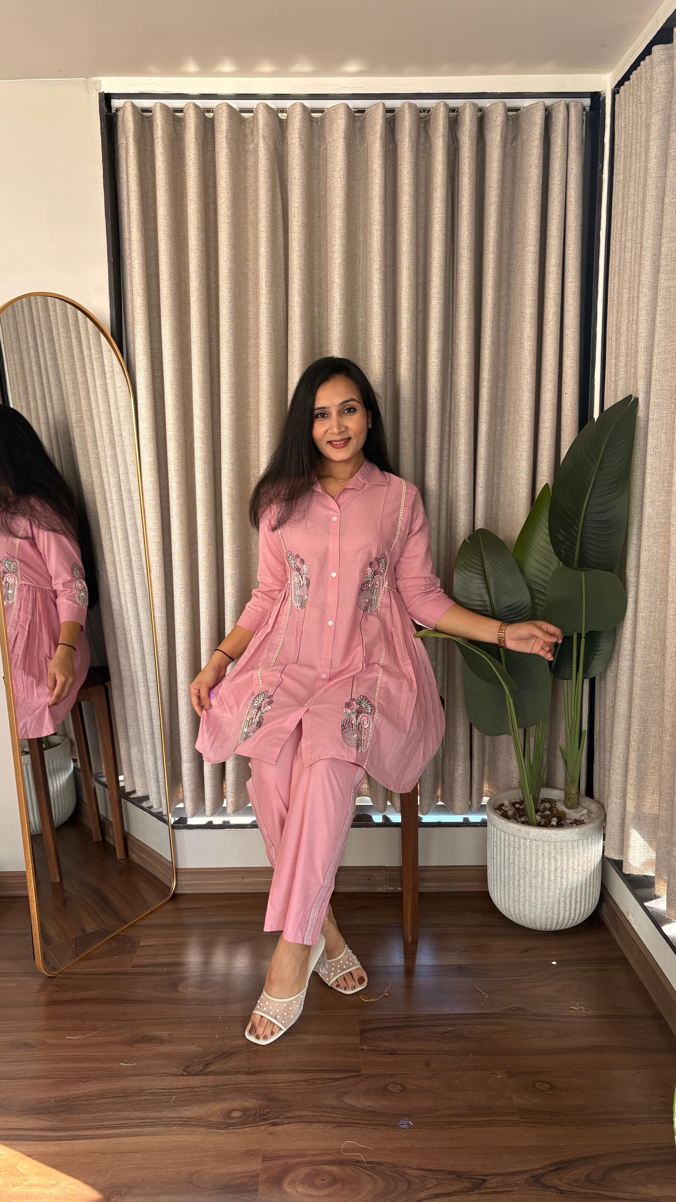 Dusty Pink Embroidered Shirt with Straight Pants Co-ord Set