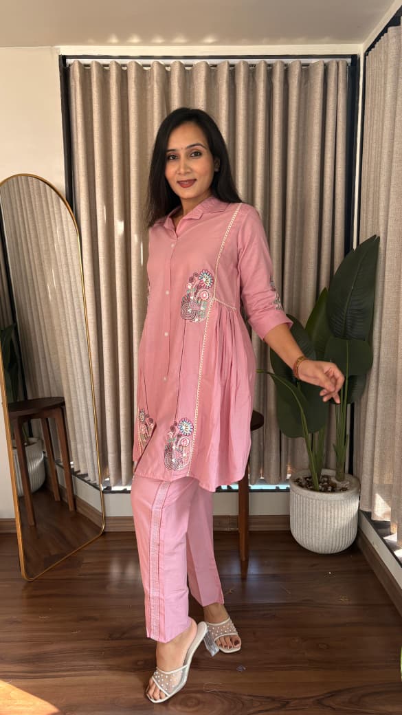 Dusty Pink Embroidered Shirt with Straight Pants Co-ord Set