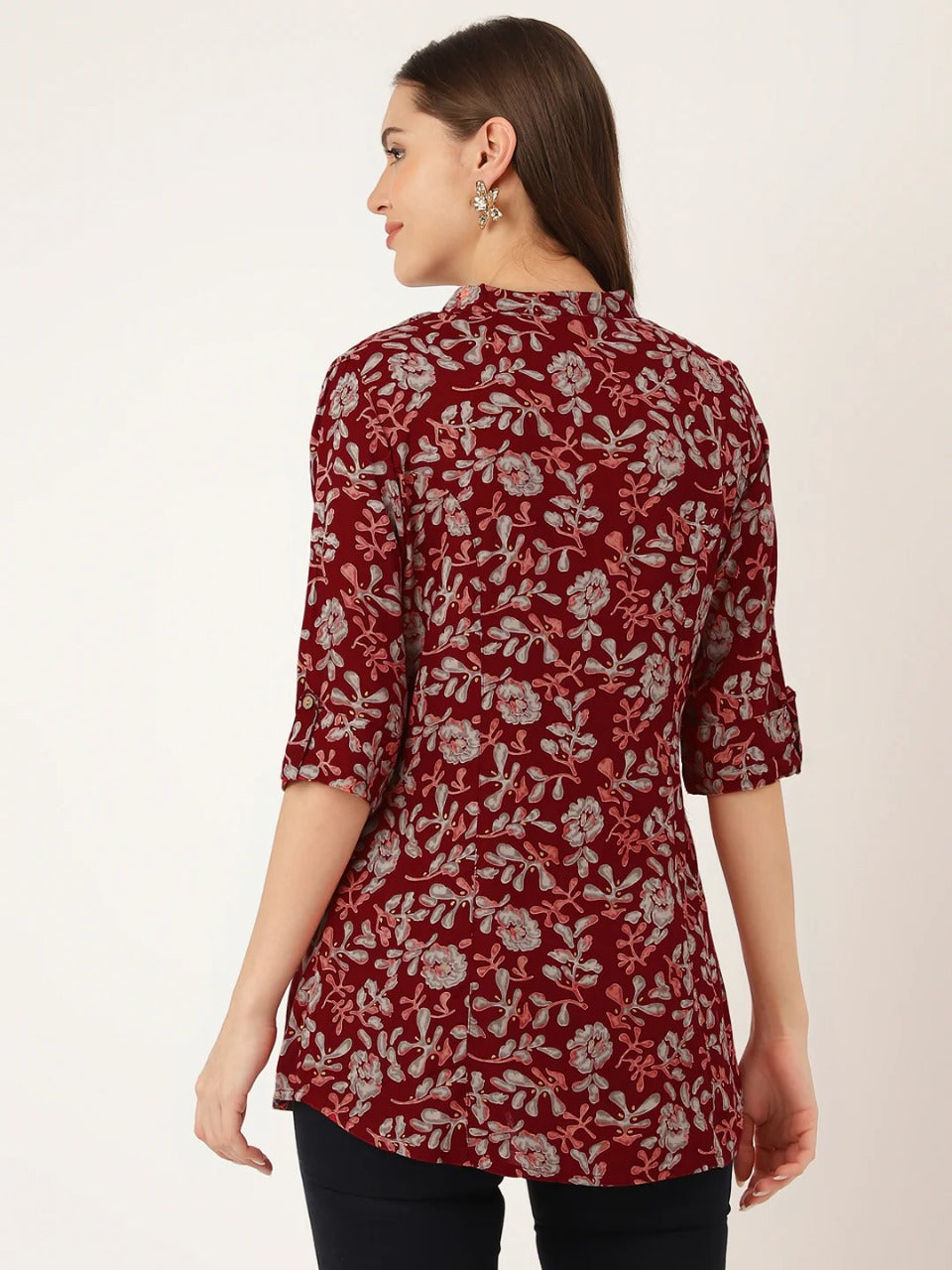 Maroon Floral Viscose Rayon Short Kurti – Button Front, Mandarin Collar