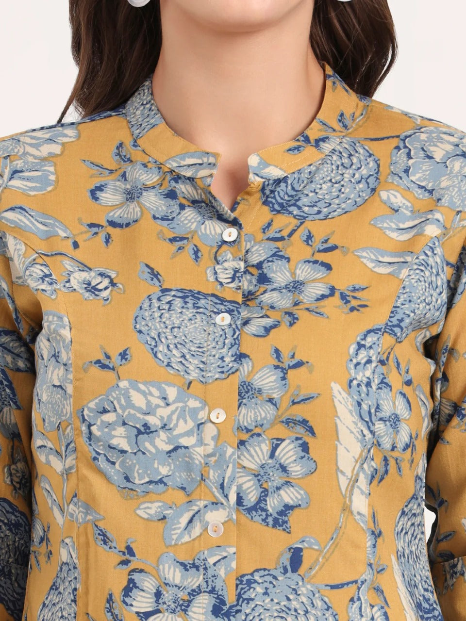 Mustard Floral Print Short Kurti in Viscose Rayon – Mandarin Collar