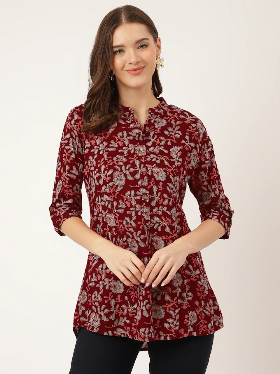 Maroon Floral Viscose Rayon Short Kurti – Button Front, Mandarin Collar