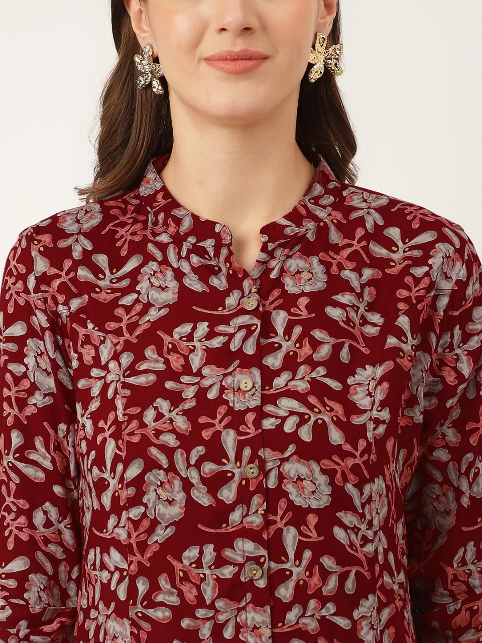 Maroon Floral Viscose Rayon Short Kurti – Button Front, Mandarin Collar