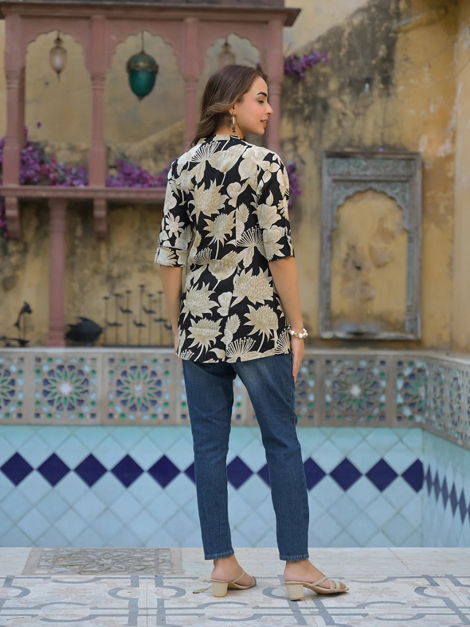 Black & Beige Floral Short Kurti in Viscose Rayon – Mandarin Neck, Elegant Everyday Style