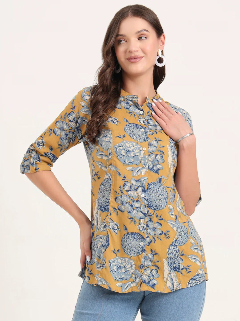 Mustard Floral Print Short Kurti in Viscose Rayon – Mandarin Collar