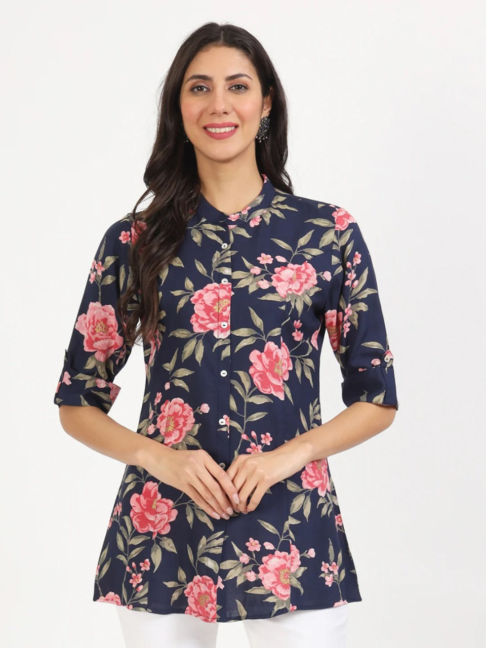 Navy Blue Floral Short Kurti in Viscose Rayon – Mandarin Collar & Roll-Up Sleeves