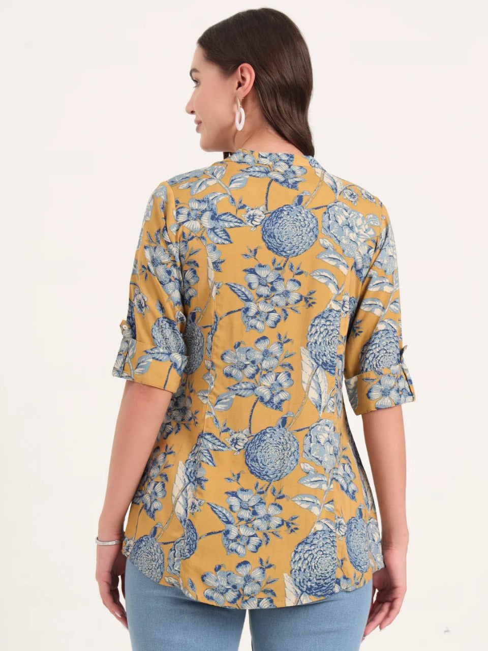 Mustard Floral Print Short Kurti in Viscose Rayon – Mandarin Collar