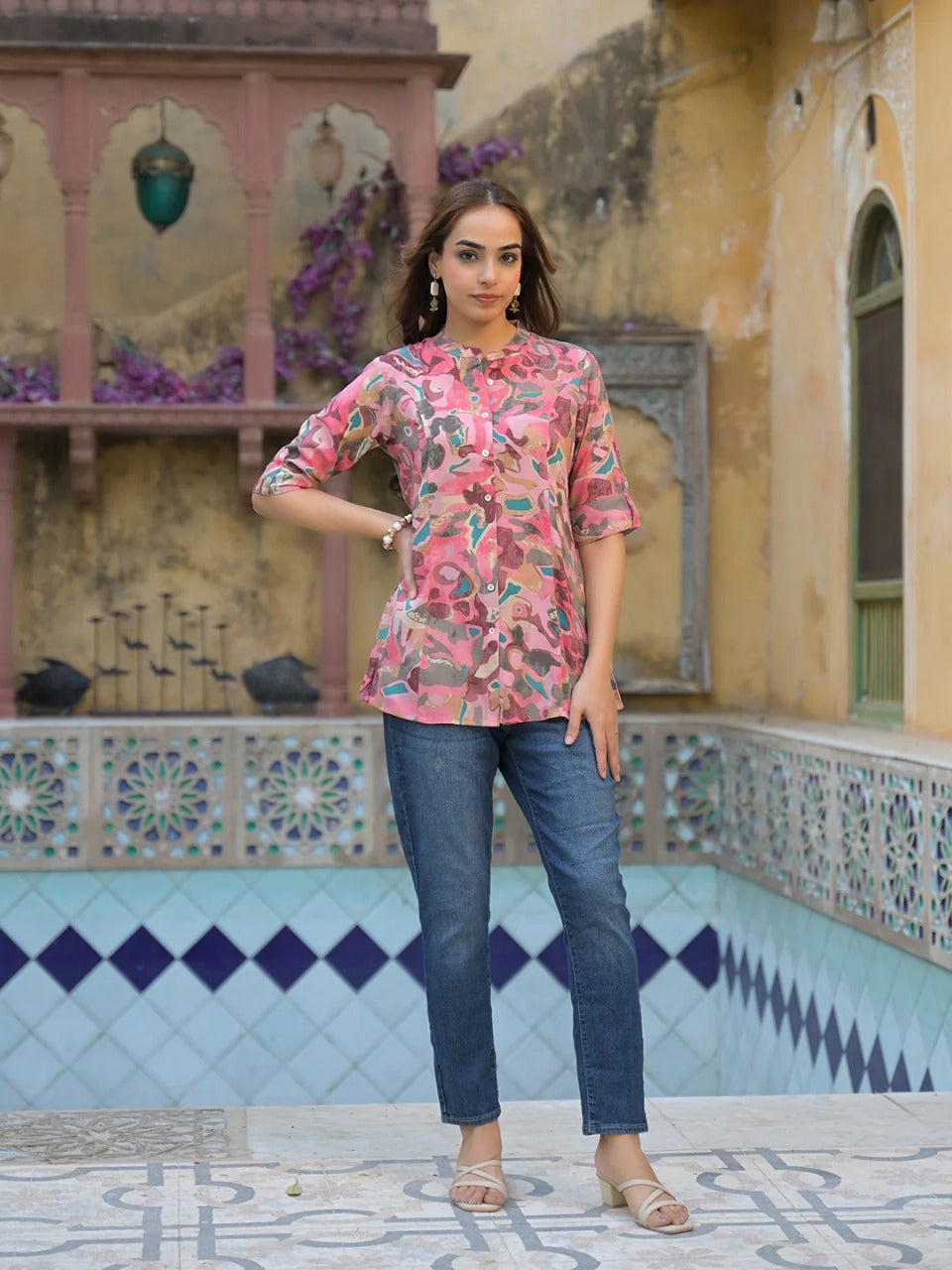 Pink Abstract Print Short Kurti in Viscose Rayon – Mandarin Collar