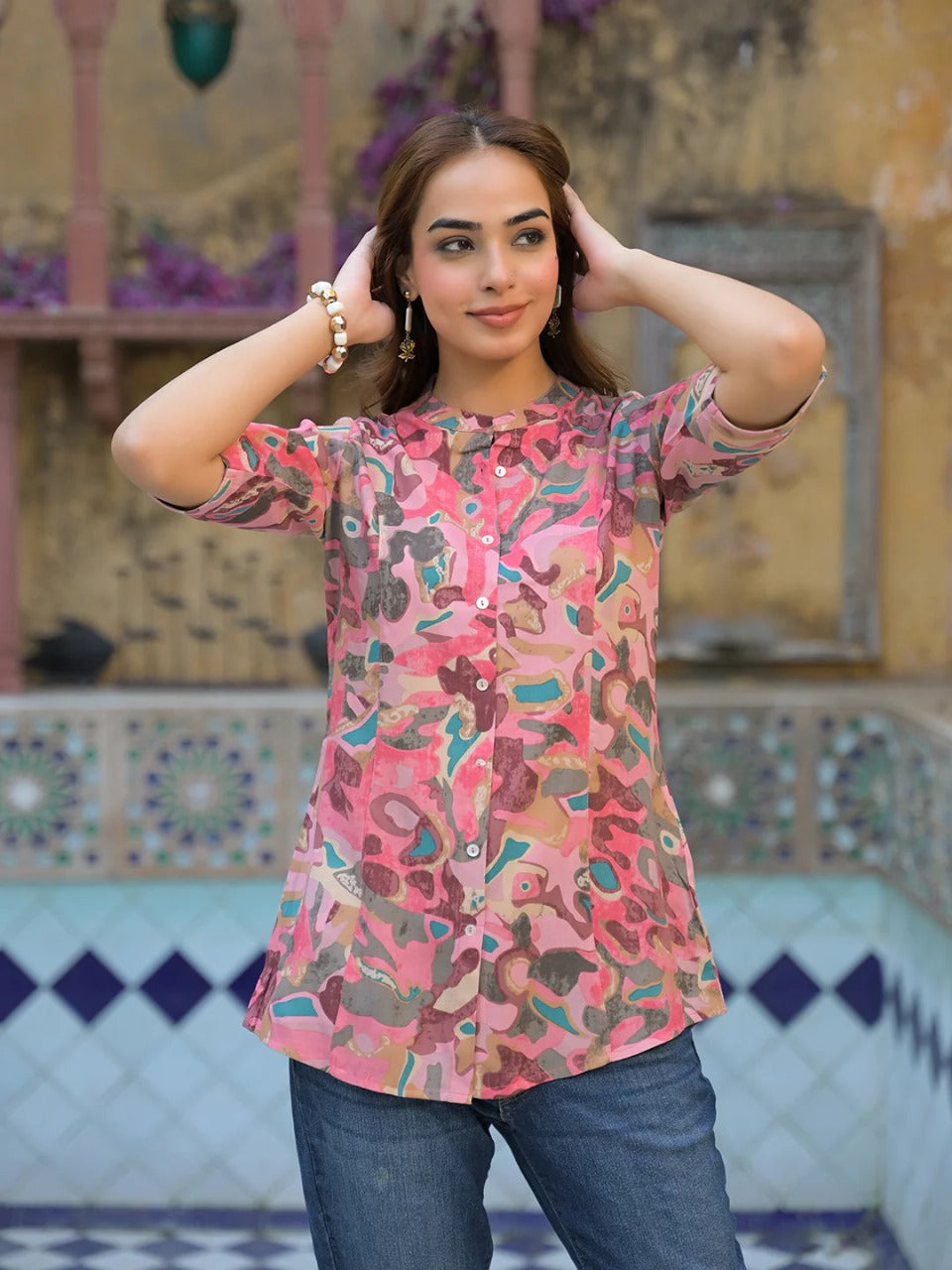 Pink Abstract Print Short Kurti in Viscose Rayon – Mandarin Collar