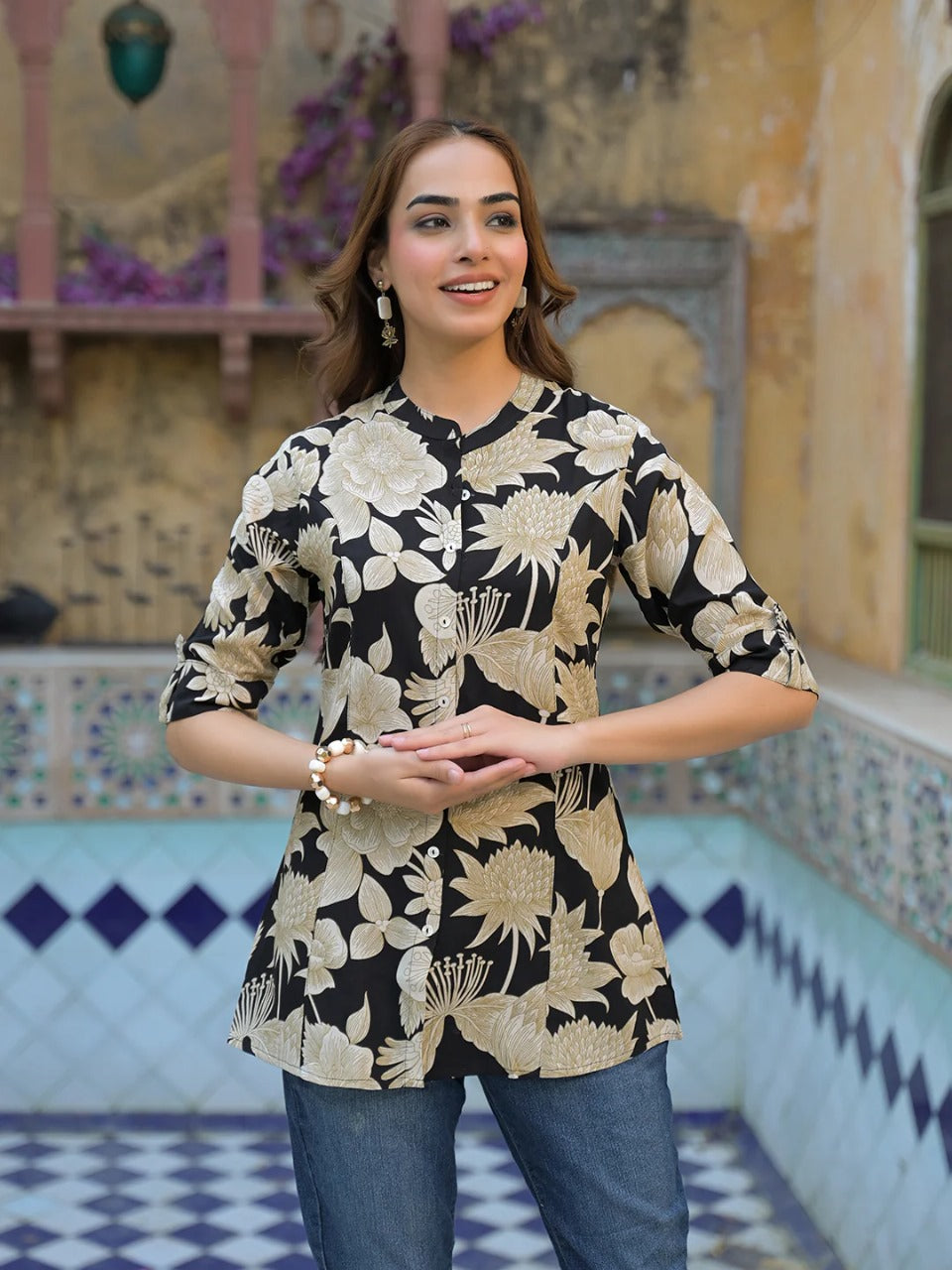 Black & Beige Floral Short Kurti in Viscose Rayon – Mandarin Neck, Elegant Everyday Style