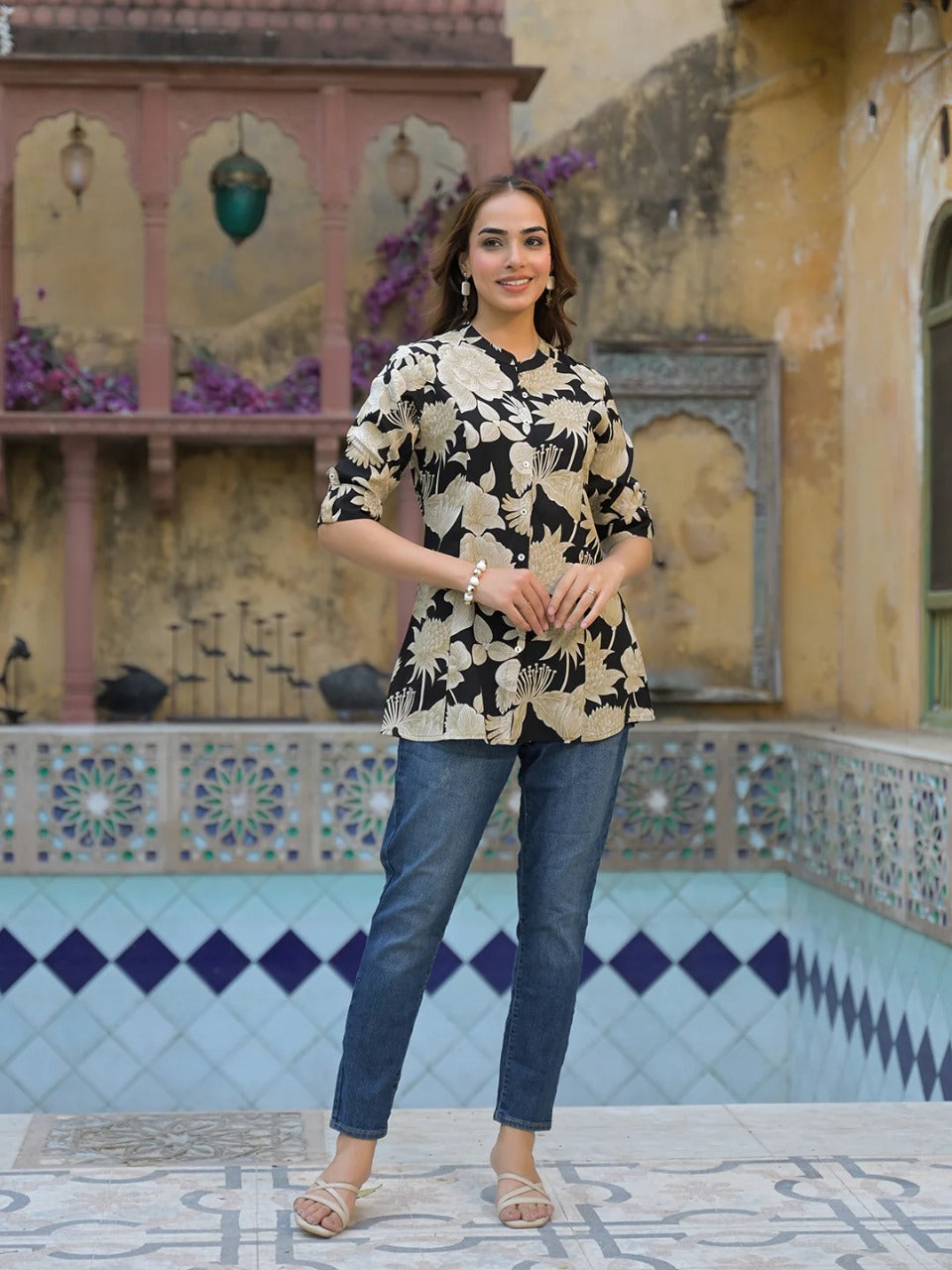 Black & Beige Floral Short Kurti in Viscose Rayon – Mandarin Neck, Elegant Everyday Style