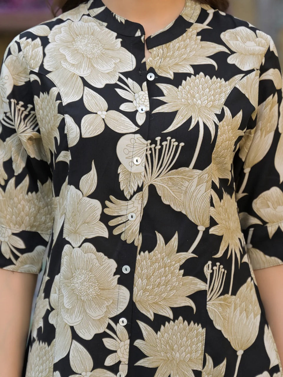 Black & Beige Floral Short Kurti in Viscose Rayon – Mandarin Neck, Elegant Everyday Style