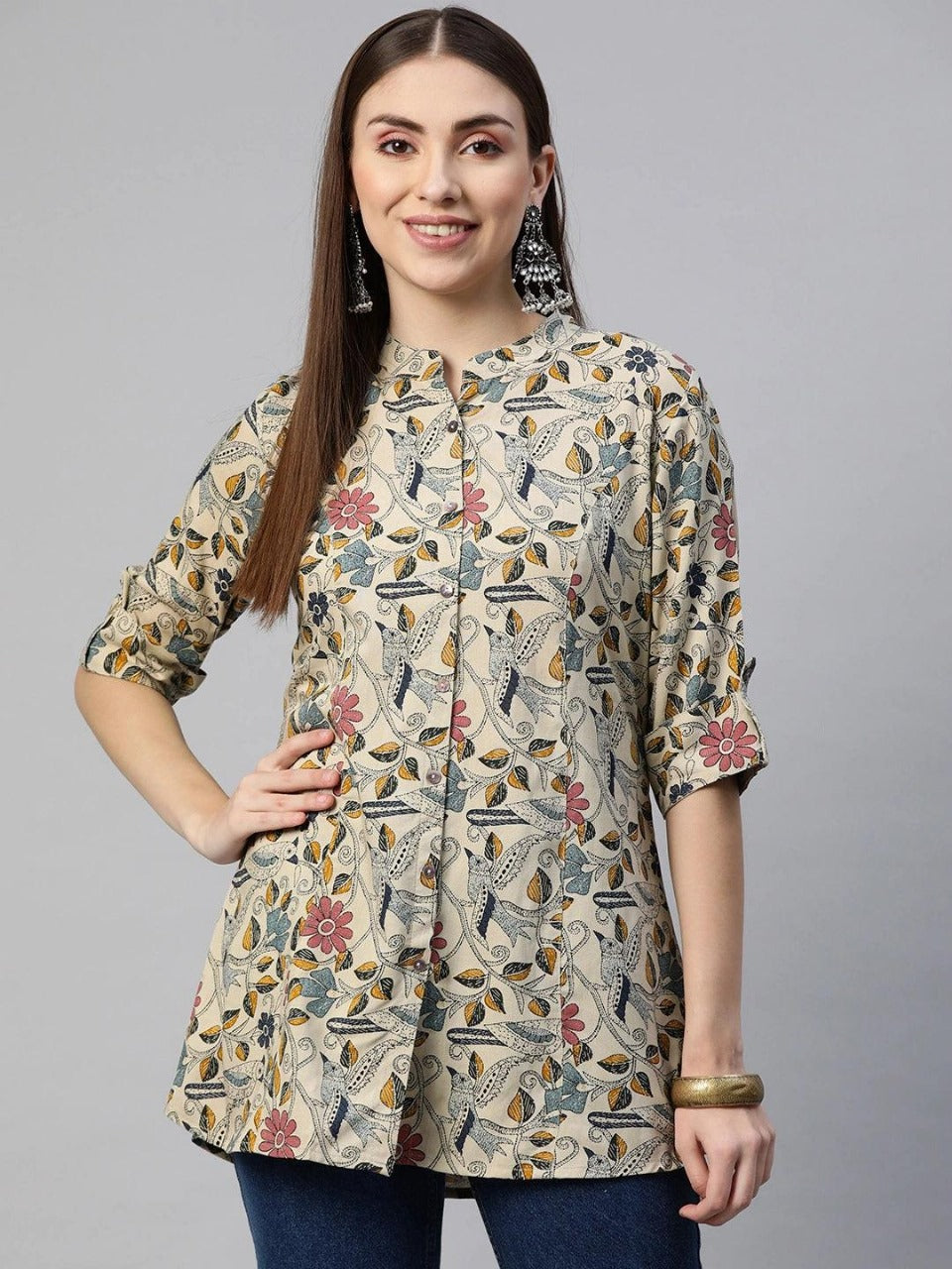 Ethnic Beige Printed Short Kurti in Viscose Rayon – Mandarin Neck & Pleated Front