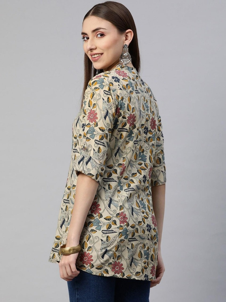 Ethnic Beige Printed Short Kurti in Viscose Rayon – Mandarin Neck & Pleated Front