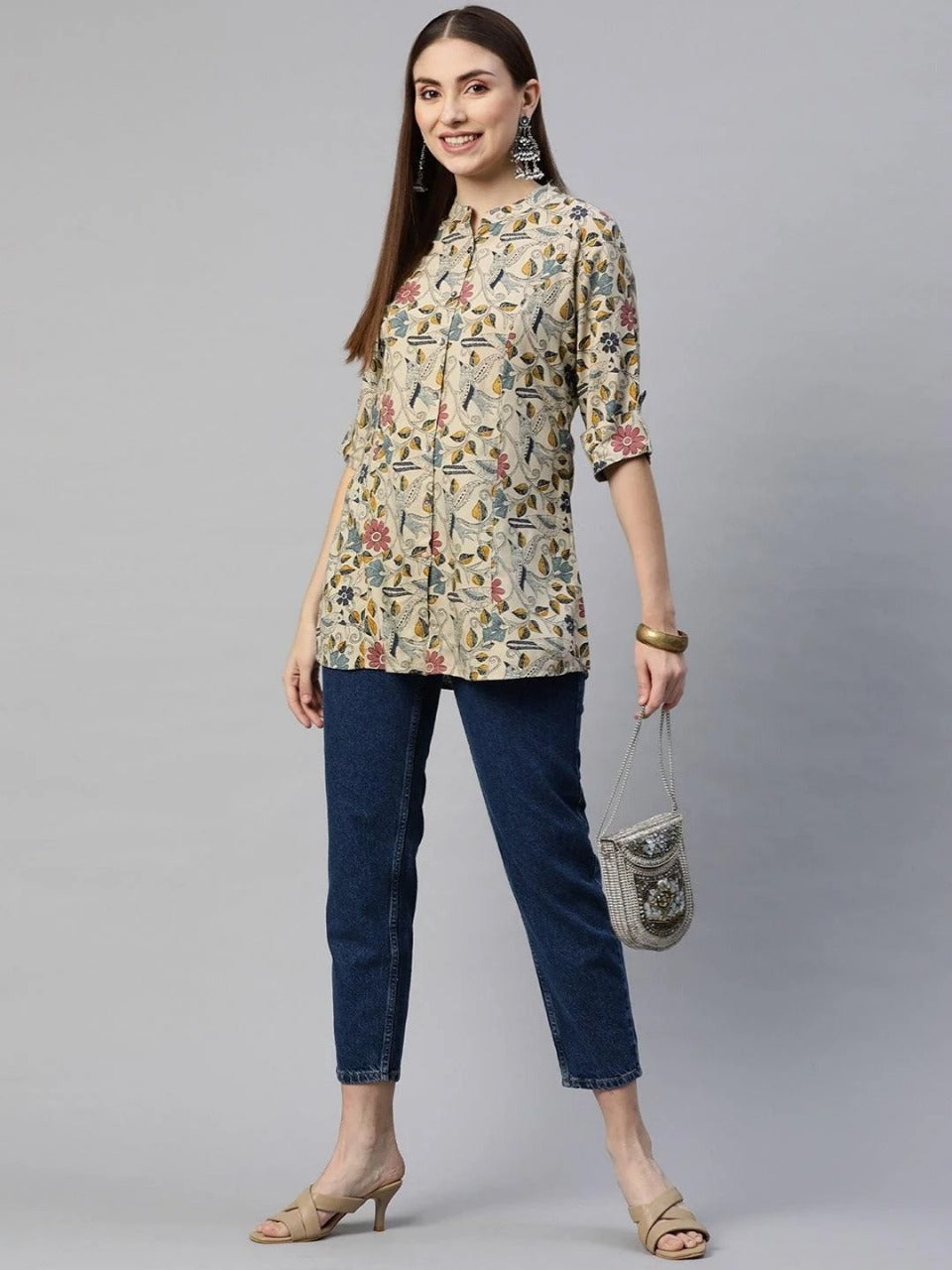 Ethnic Beige Printed Short Kurti in Viscose Rayon – Mandarin Neck & Pleated Front