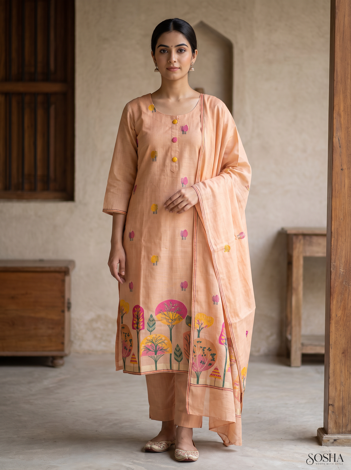Jamdani Print Peach 3 Piece Suit Set with Printed Dupatta