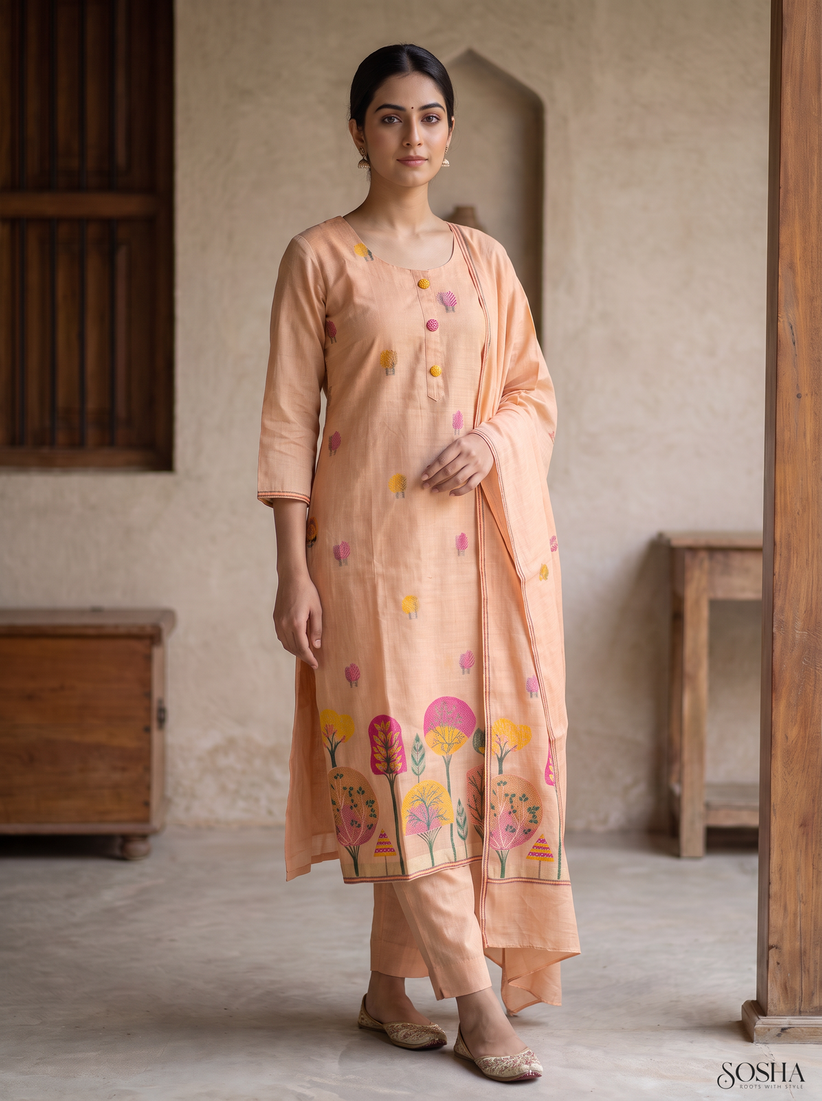 Jamdani Print Peach 3 Piece Suit Set with Printed Dupatta