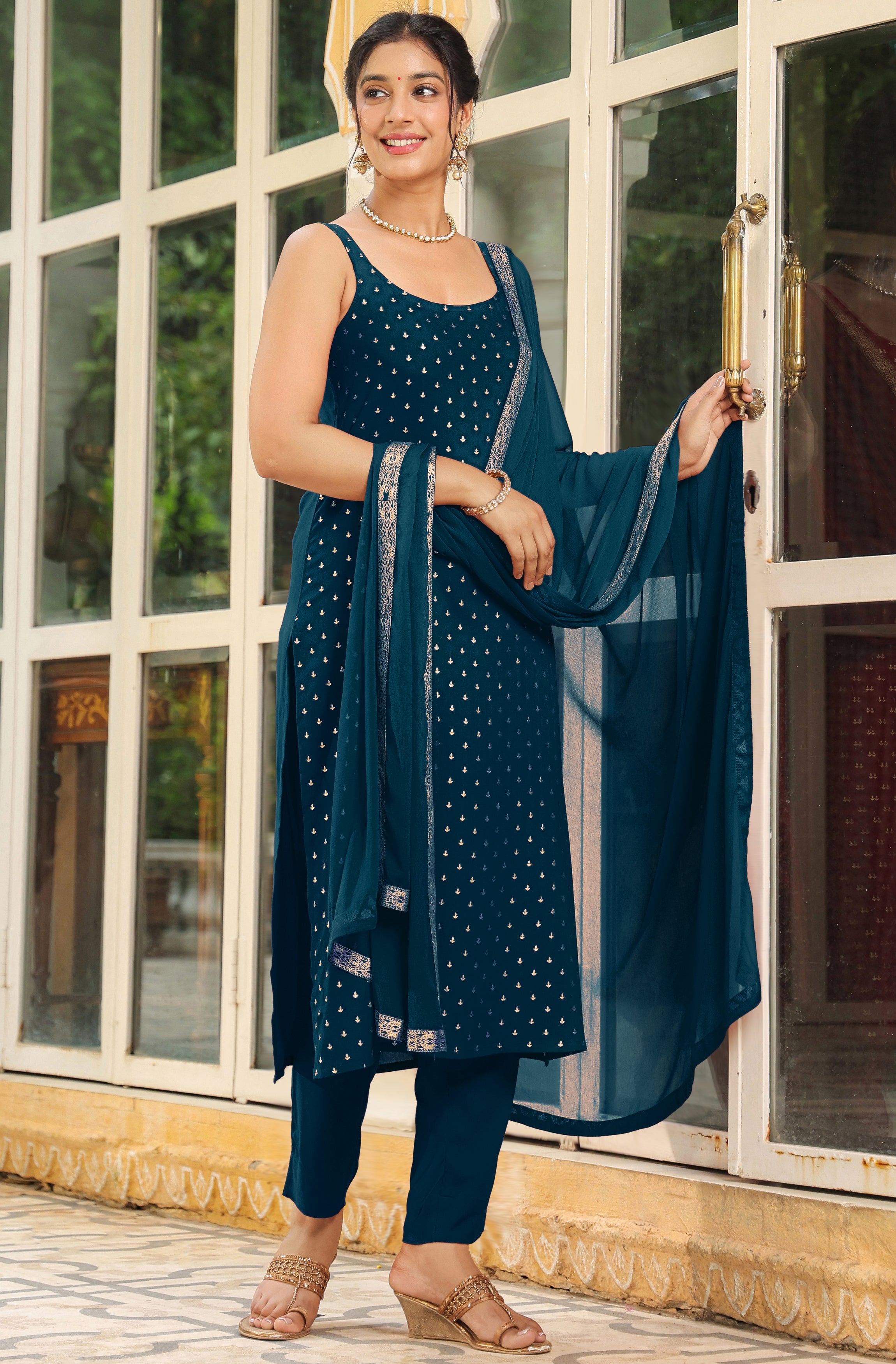 Teal Blue Embellished Straight Suit Set with Dupatta – 3 Piece Kurti