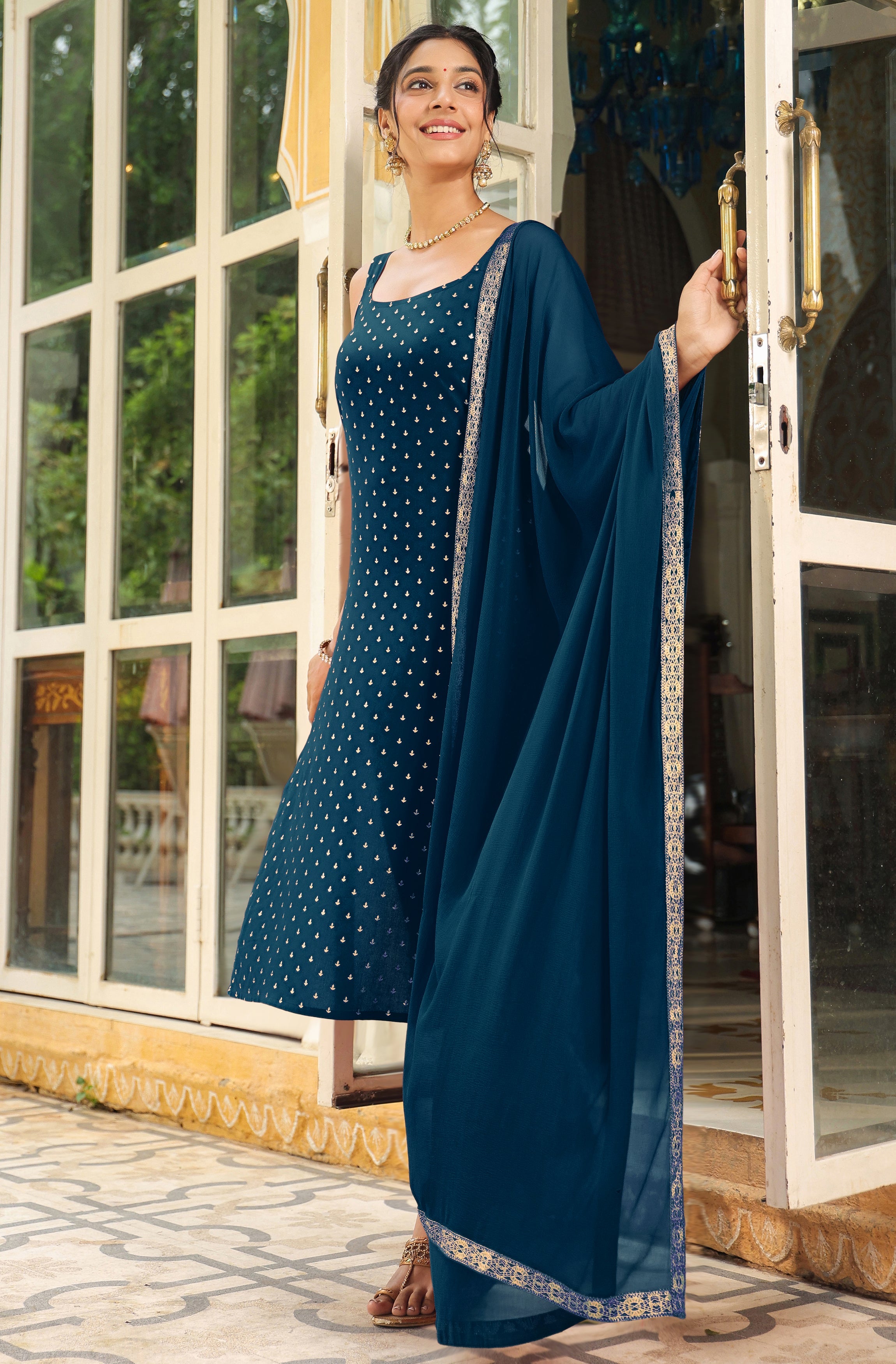 Teal Blue Embellished Straight Suit Set with Dupatta – 3 Piece Kurti