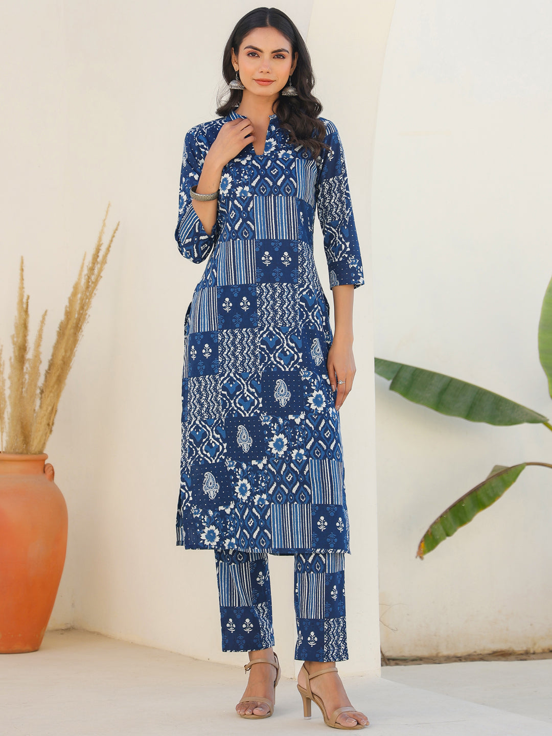Indigo Blue Patch Print Kurta Set for Women – 2 Piece Cotton Ethnic Wear