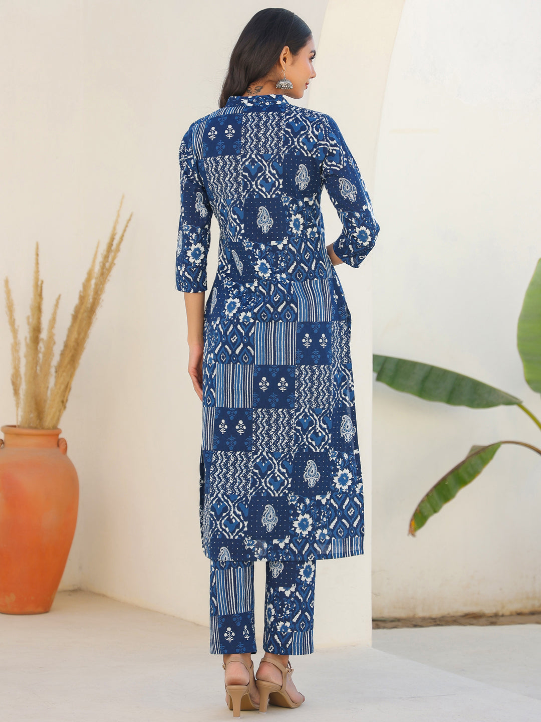 Indigo Blue Patch Print Kurta Set for Women – 2 Piece Cotton Ethnic Wear
