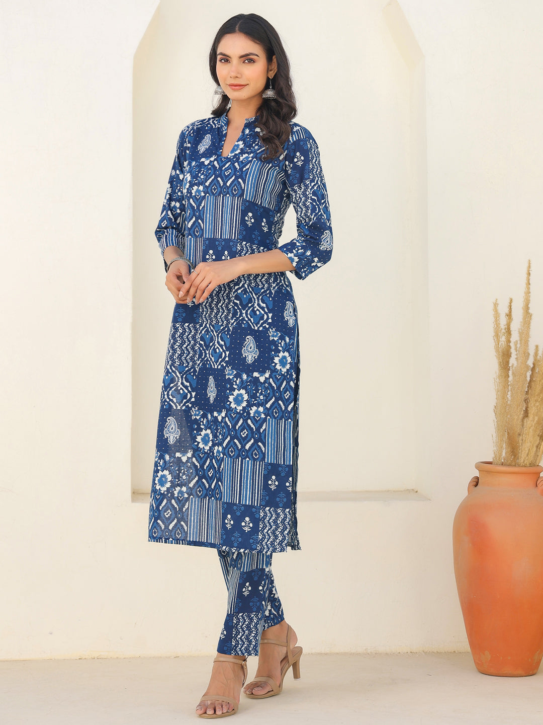 Indigo Blue Patch Print Kurta Set for Women – 2 Piece Cotton Ethnic Wear